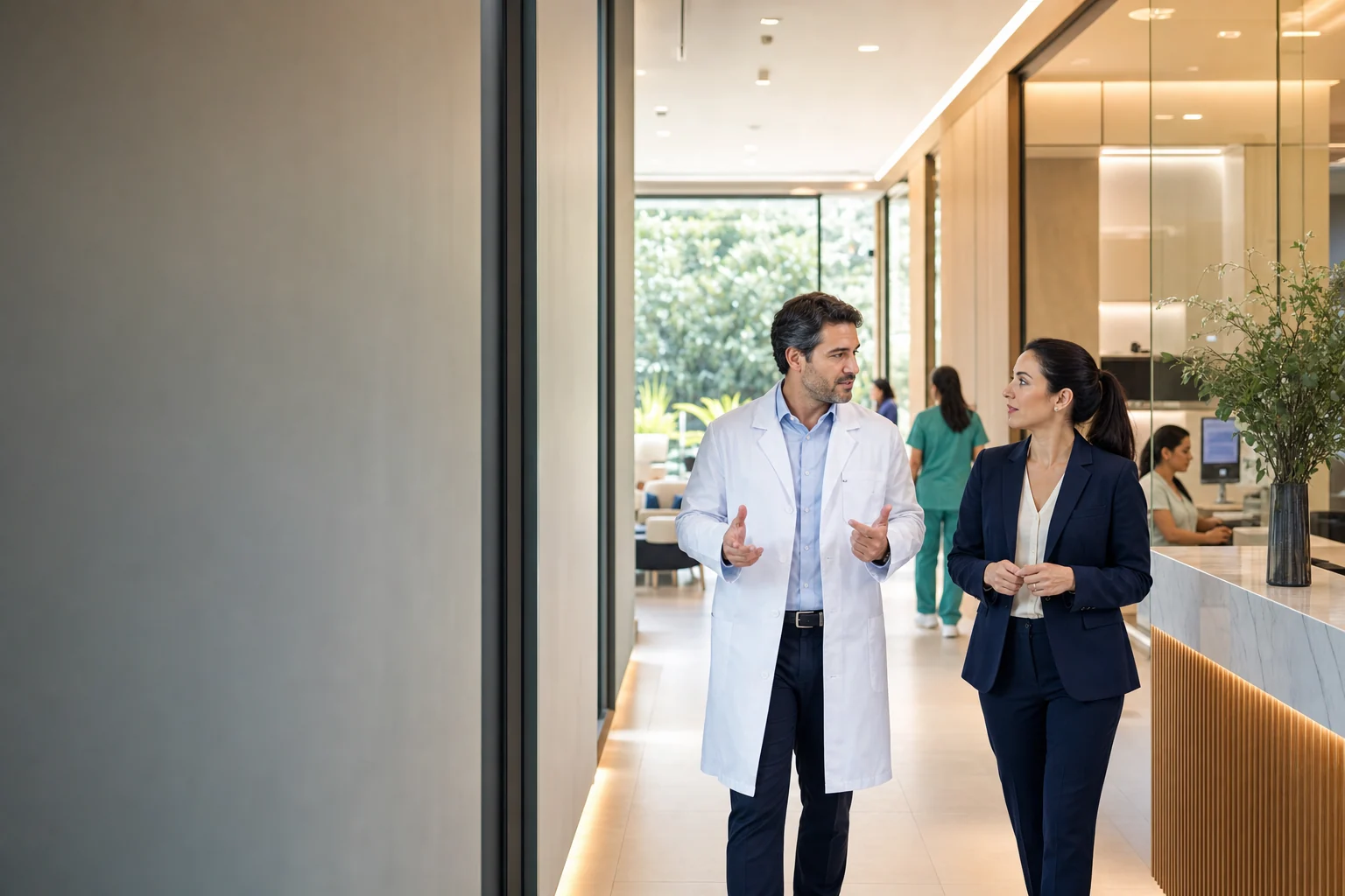 Médico e gestora analisando a operação de uma clínica estruturada.