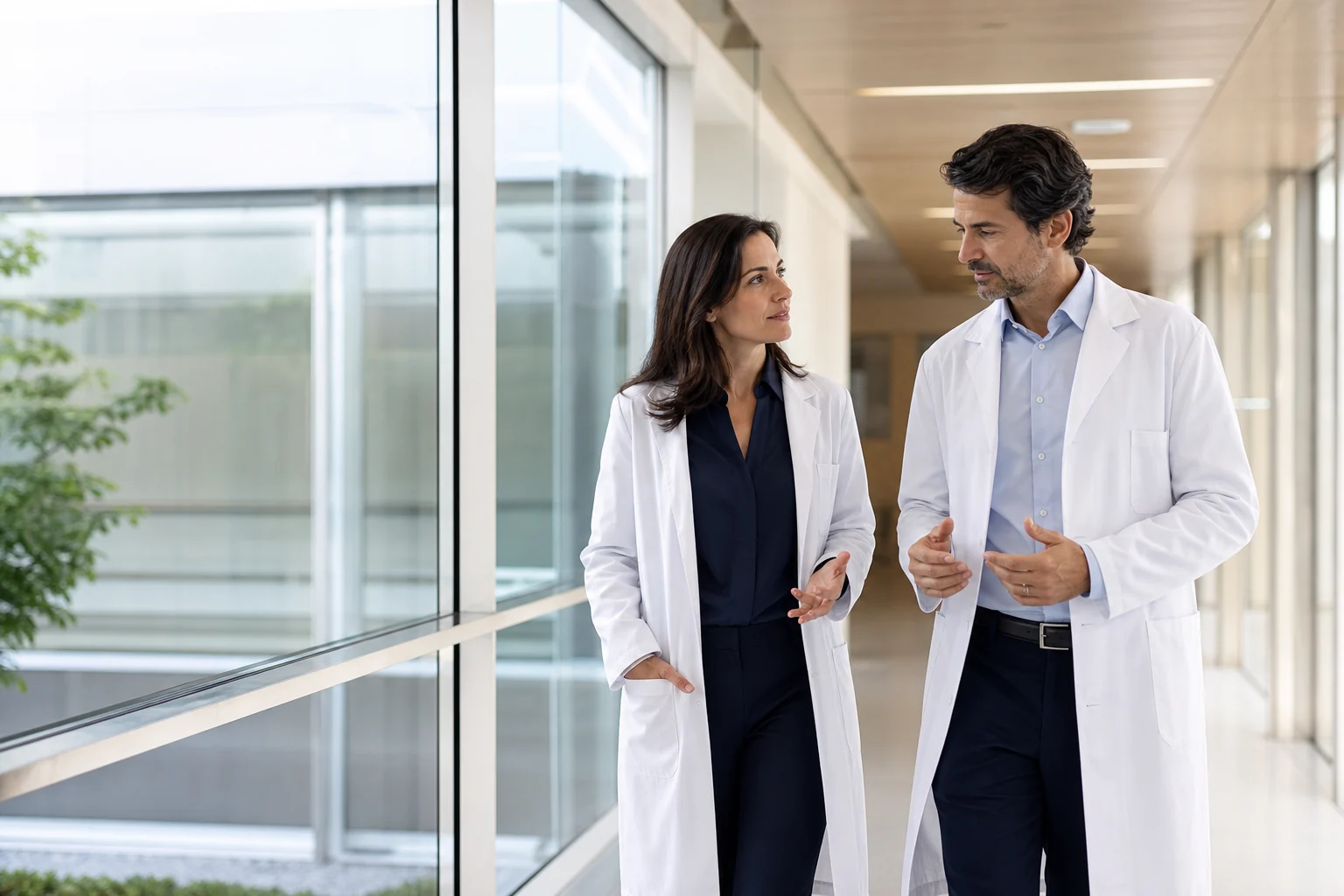 Médicos conversando durante sua rotina em um centro de saúde contemporâneo.