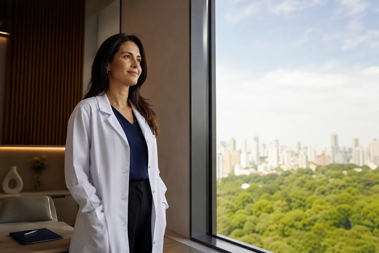 Médica observa a cidade com serenidade em seu consultório, representando autonomia profissional.